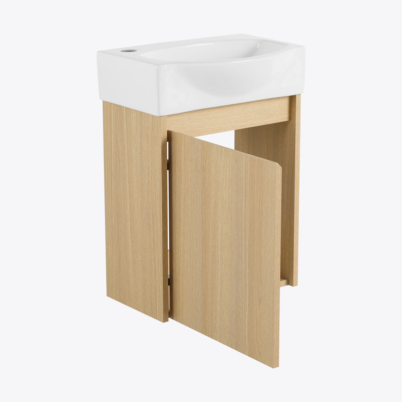 Petit meuble-lavabo moderne 16 po avec lavabo à poser en céramique pour petit espace, Chêne