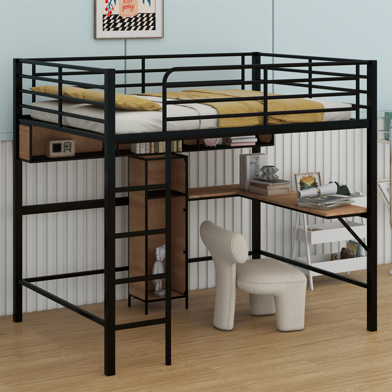 Lit mezzanine avec bureau en L et tablettes