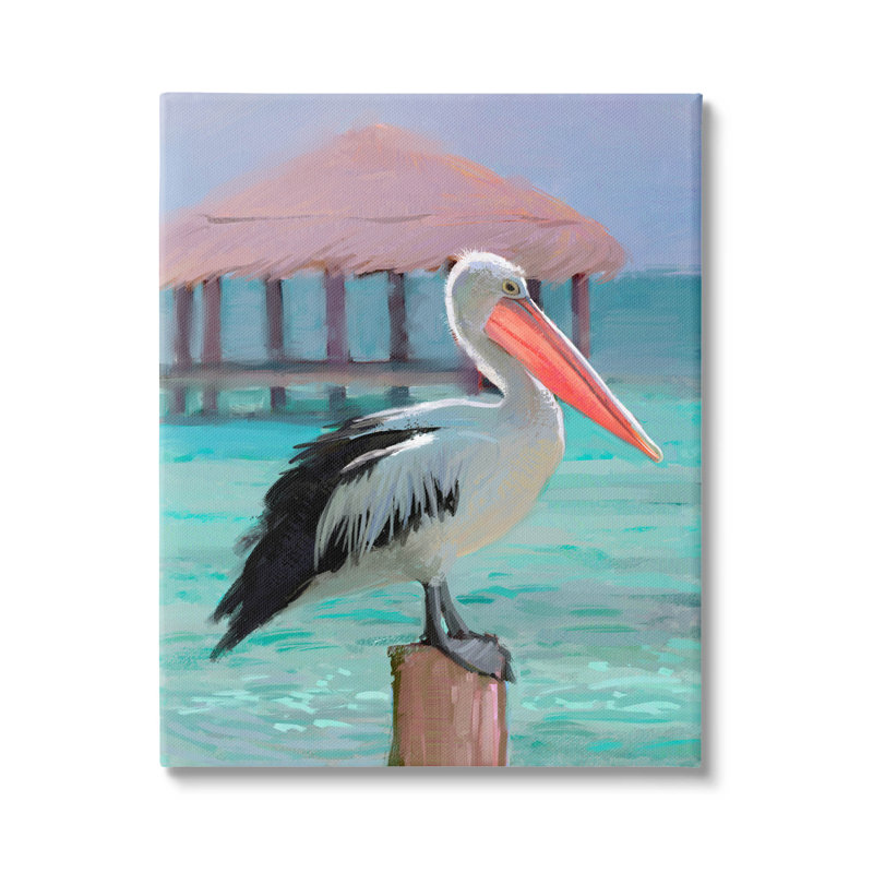 Pélican perché tropical par Ziwei Li - peinture sur toile tendue, H 20 po x l 16 po x P 1,5 po
