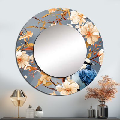 Oiseau floral blanc et bleu - miroir décoratif floral, miroir mural rond bleu, impression d'art en métal