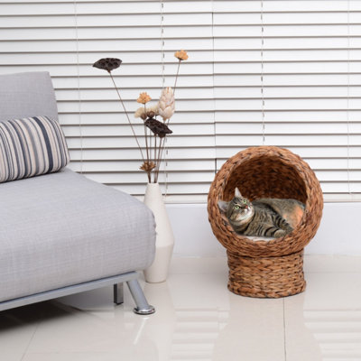 Raised Wicker Basket Cat Bed with Cylindrical Base & Washable Cushion