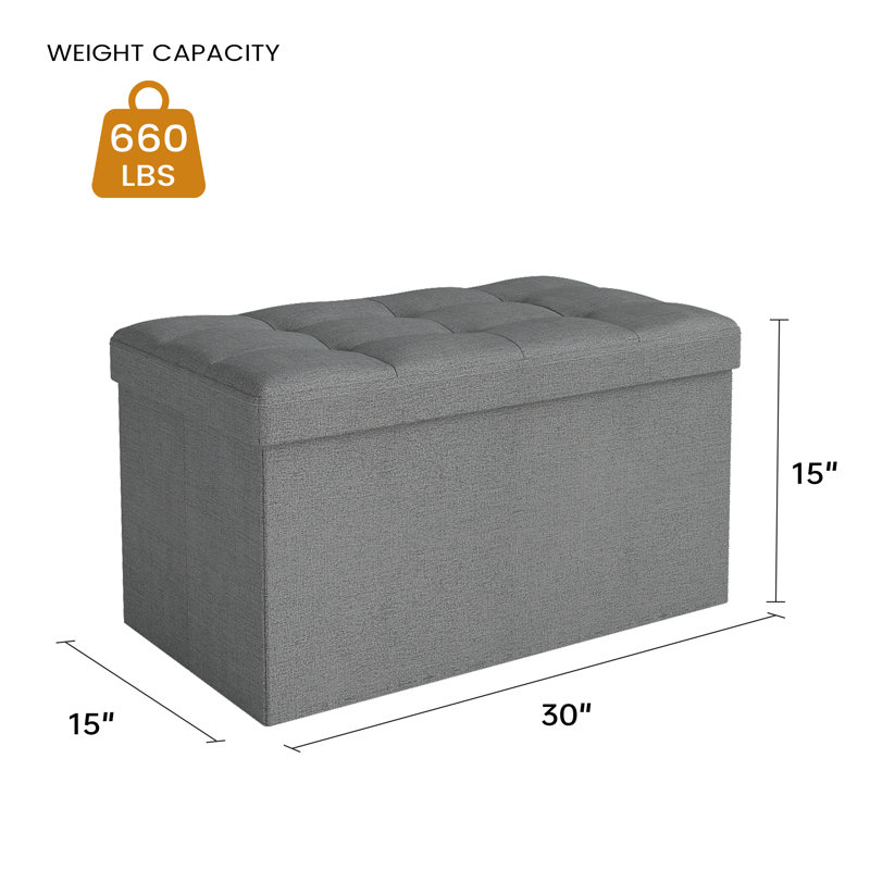 Folding Storage Ottoman Bench, 30" Large Capacity Foot Stool, Wooden Top, Light Gray Linen, Linen, Light Gray-30"