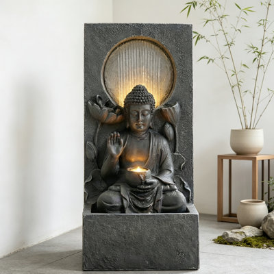 Fontaine de 28 pouces en cascade de Bouddha avec lumières DEL, fontaine d'eau de jardin zen extérieur, statue en résine pour terrasse