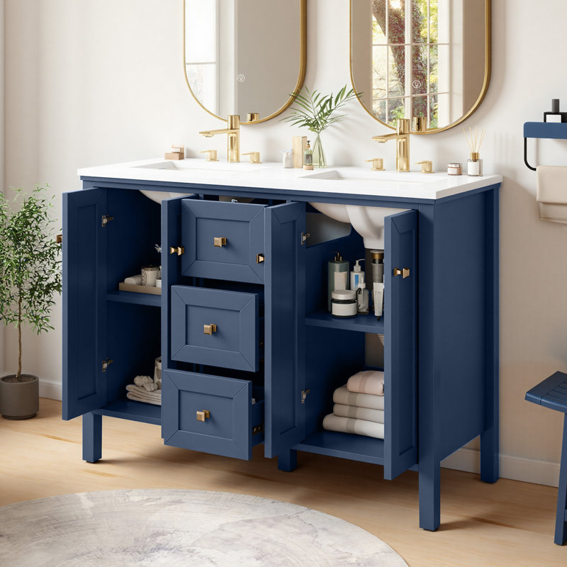 Meuble-lavabo double 47 po avec plateau en pierre reconstituée, lavabo en céramique 47 po, Bleu