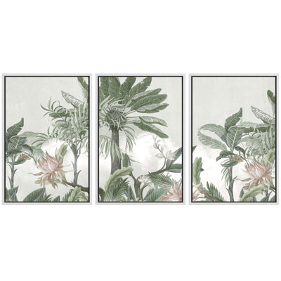 «Mute Green Botanical Landscape with Tropical Plants», reproduction d'art sur toile encadrée, 3 pièces
