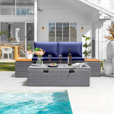 Pe Wicker Outdoor Patio Daybed With Storage And Acacia Wood Table