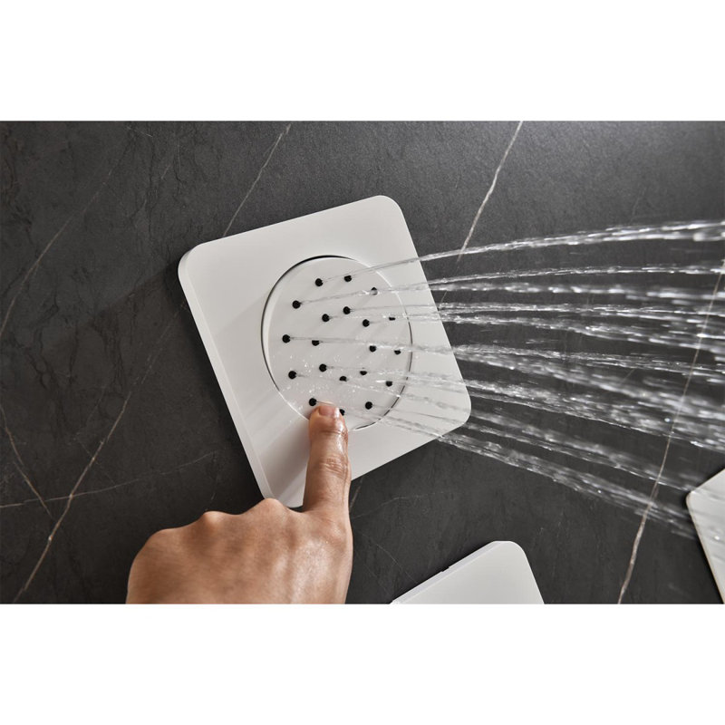 Système de douche avec pomme de douche, douche à main, barre coulissante, jets de corps, bras de douche, tuyau, garniture de valve et poignées à levier