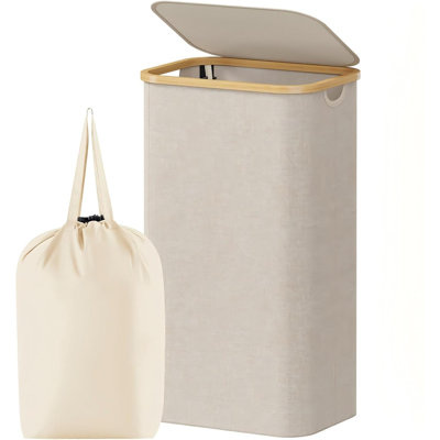 100L Laundry Basket with Lid, Clothes Hampers for Laundry with Bamboo Handles and 1 Removable Bag, Large Foldable Laundry Hamper