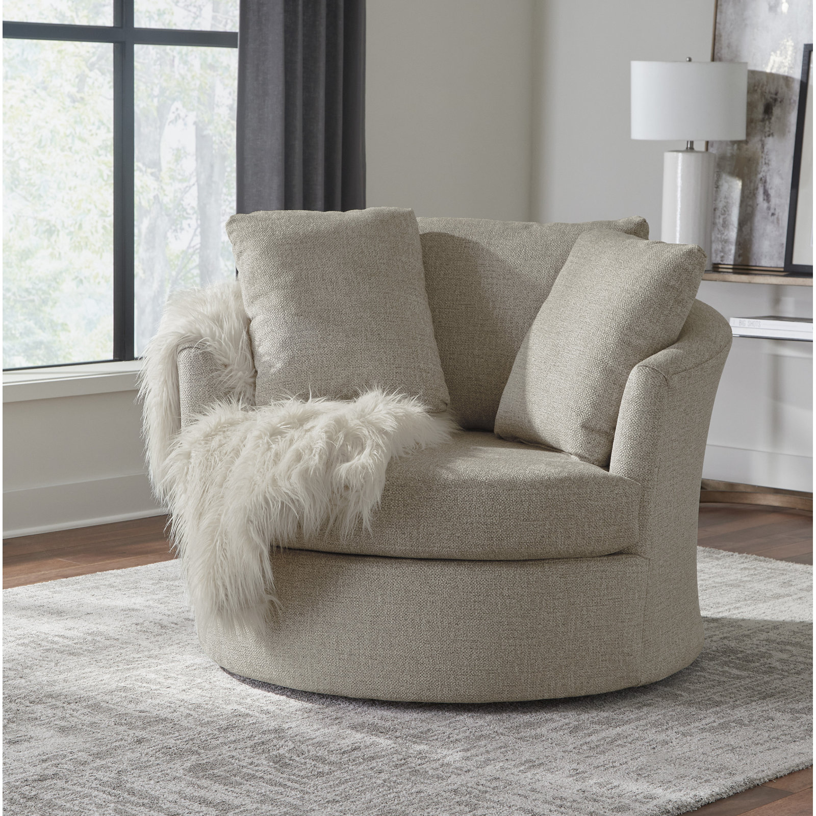 Ventura 49'' Oversized Swivel Barrel Chair, Drift Linen Performance Chenille