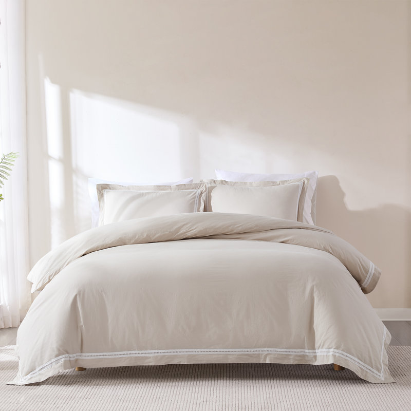 Doris Eyelet Inset Trim Cotton Duvet Cover 3Pc Set, King Duvet Cover + 2 Shams, Beige