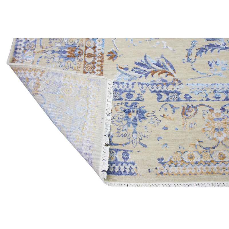 Tapis bleu clair / beige noué à la main de haute qualité, Rectangle 8 pi x 10 pi
