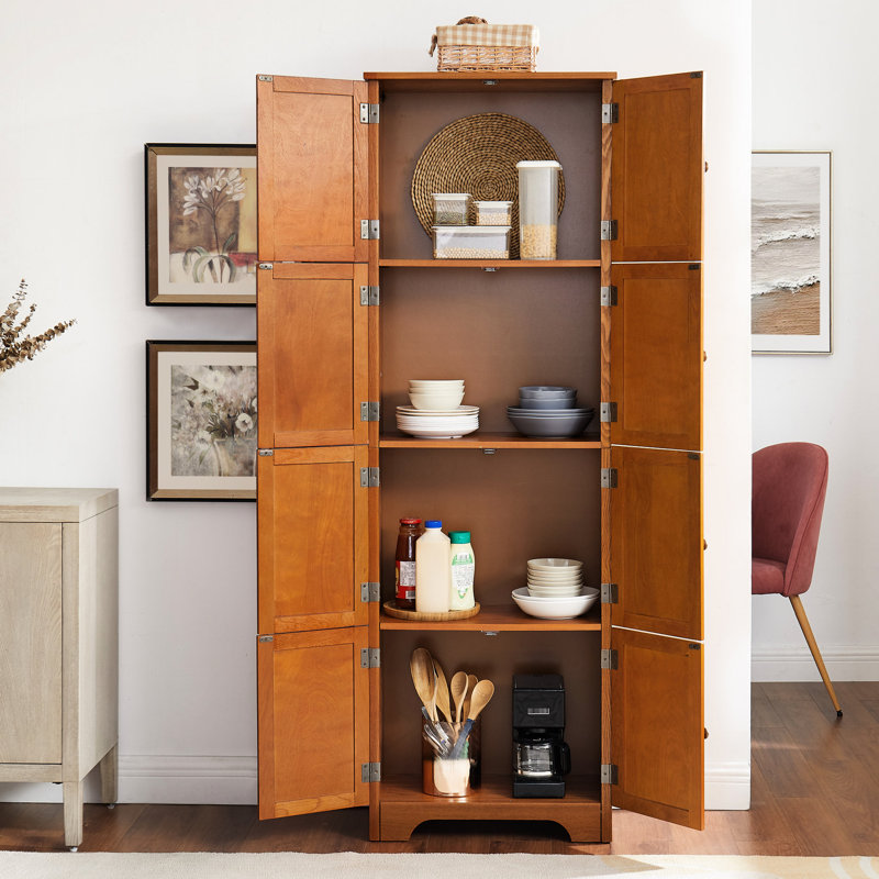 Oak 72.4" Tall Cabinet With 8 Doors And 4 Shelves. For Different Places. Smooth Exterior, Build Storage Living Room, Kitchen, Dining, Office. Surface, Foundation
