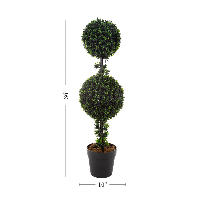 36-Inch Double Ball Podocarpus Faux Plant in Gray Plastic Pot