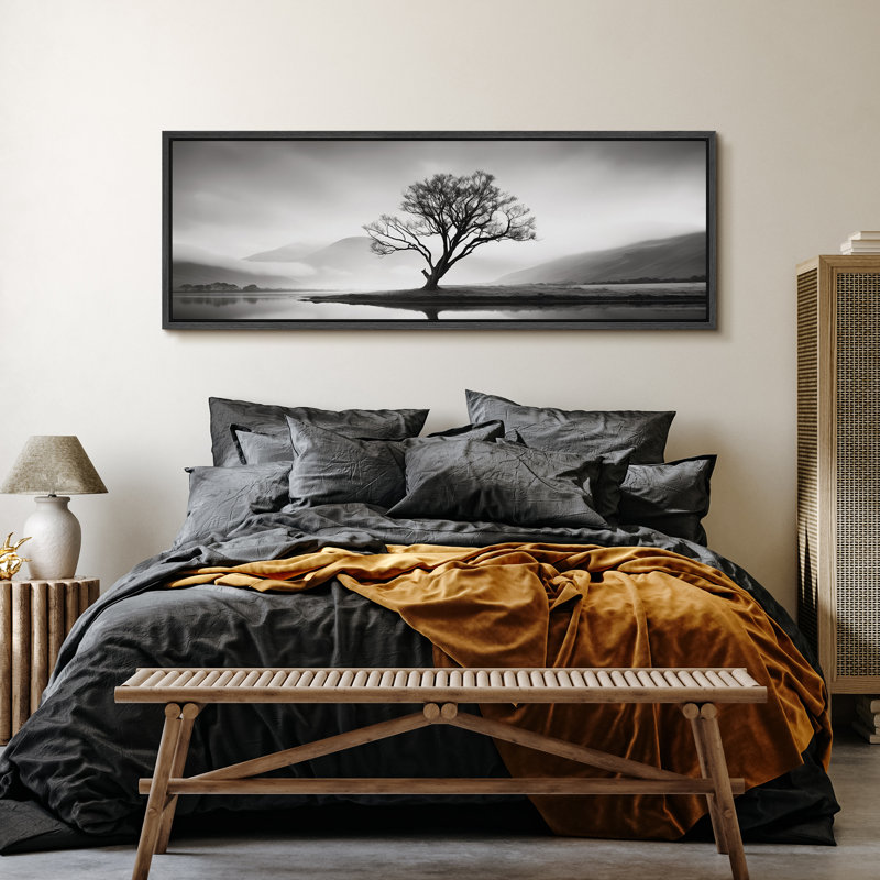 Nature, paysage, monochrome, sérénité, solitaire, arbre, reflet, lac, paysage, H 20 po x l 60 po, Noir, noir, noir, noir