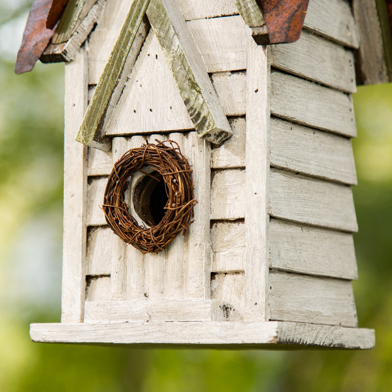 Strader Distressed Solid Wood Villa Decorative Outdoor Garden Birdhouse, White/Gold