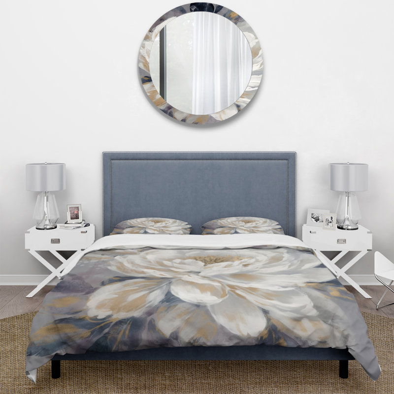 Ensemble de housse de couette Emotion Of White Gold Peony Flower I Bedding, Housse de couette pour grand lit et 2 taies décor