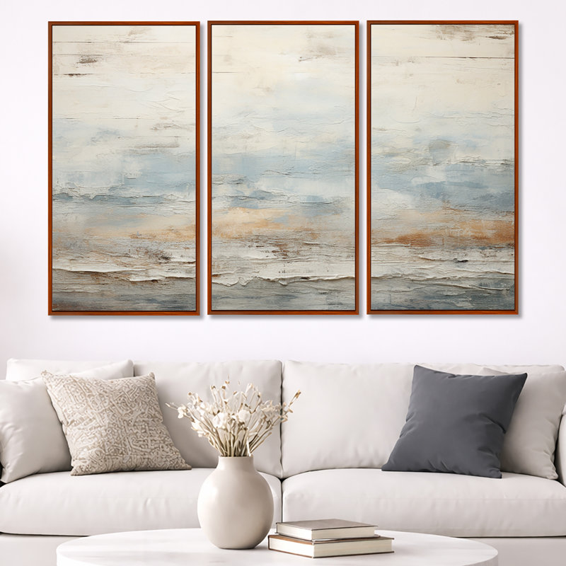 «Beige Blue Ocean Storm», ensemble d'art mural formes abstraites, H 40 po x l 60 po x P 1 po, Cadre flottant brun