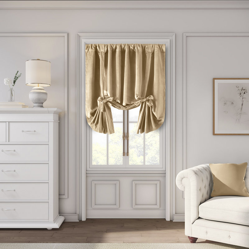 Premium Velvet Myreon Solid Color Room Darkening Thermal Rod Pocket Decorative Tie-Up Curtain Panel, Champagne