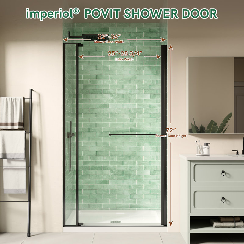 32-36 In. W X 72 In. H Frameless Pivot Shower Door In Matte Black With 1/4 In. Thick Crystal Clear Tempered Glass