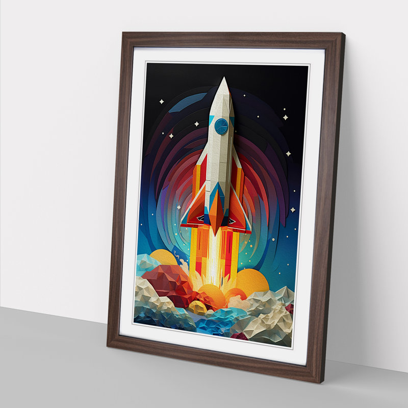 Rocket Geometric No.2 - Single Picture Frame Print on Wood, Walnut, 34cm H x 25cm W x 2cm D