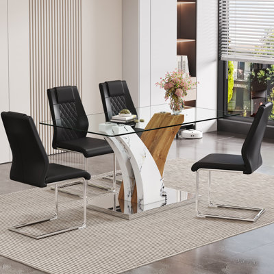 Ensemble de table de salle à manger moderne avec plateau en verre trempé, pieds en MDF artistique et 4 chaises de pub confortables avec pieds en métal