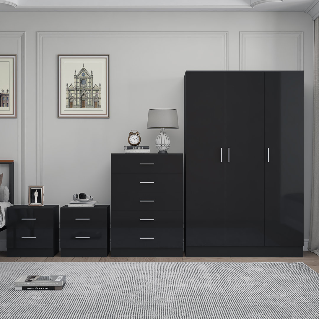 Eva High Gloss 3 Door Plain Wardrobe 4 Piece Bedroom Set