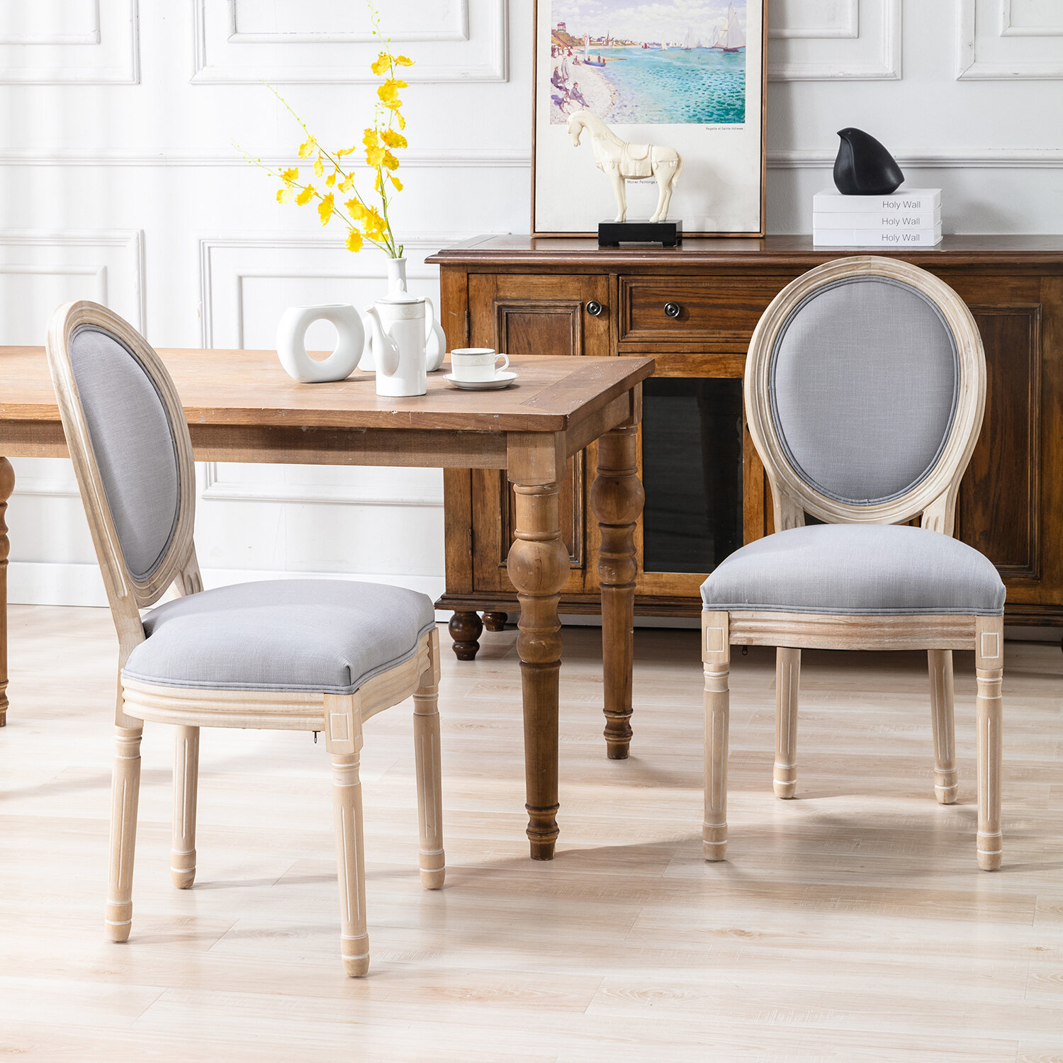  French Country Dining Chairs Set of 4, Farmhouse Dining Chairs  with Round Backrest, Mid Century Upholstered King Louis Back Accent Side  Chair with Solid Wood Leg for Dining Room Bedroom
