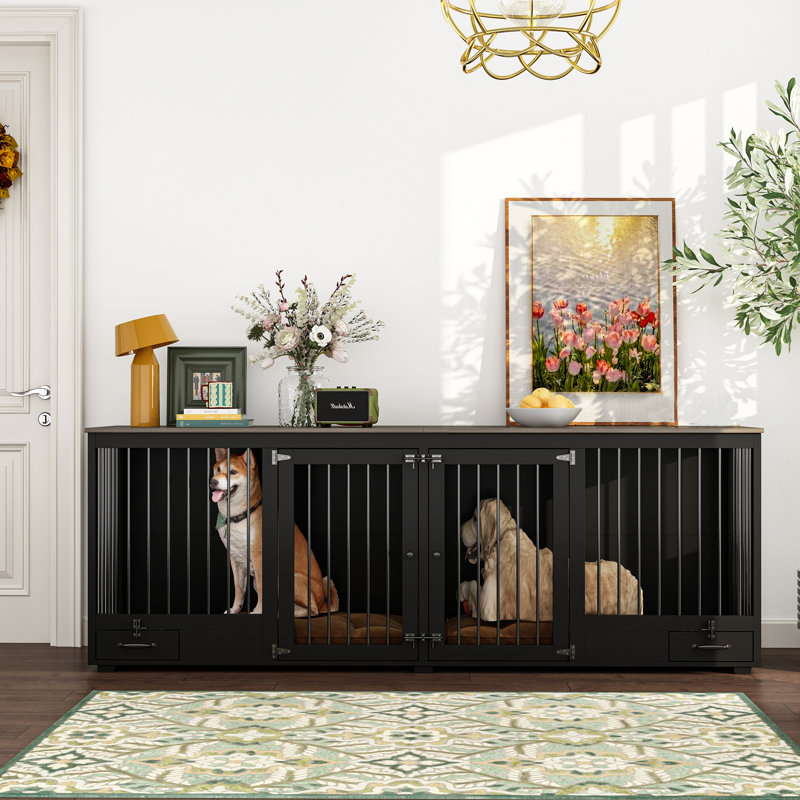 Mobilier pour cage de chien avec bols et cloison pour chien, Noir/gris