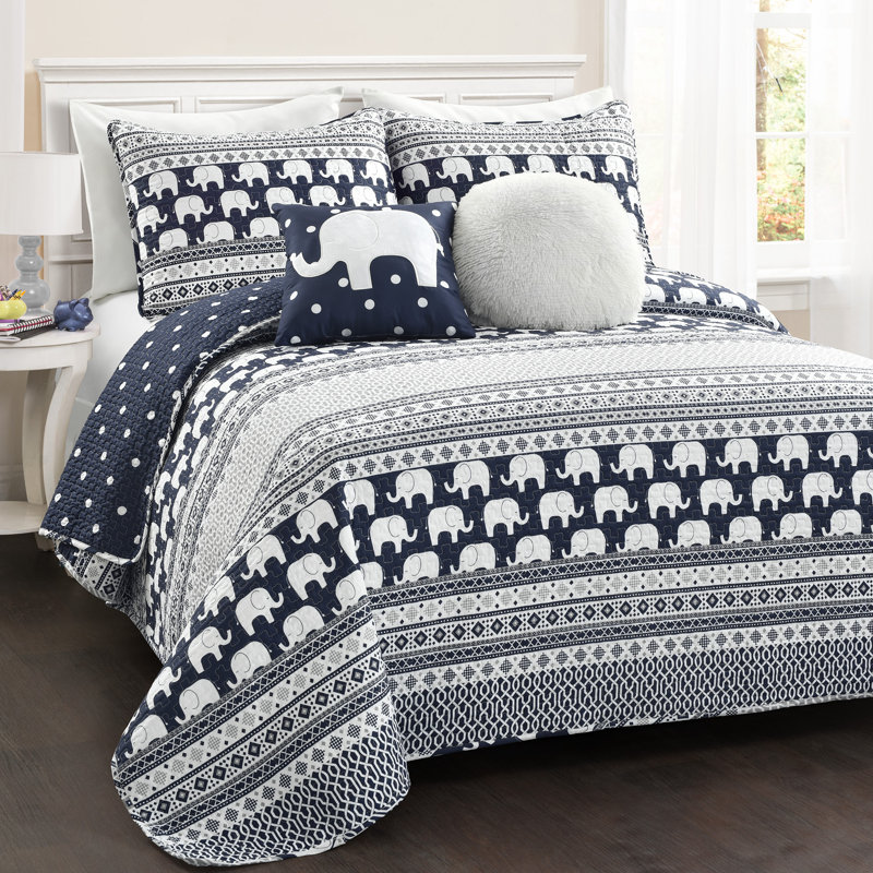 Uriel Navy Microfiber Reversible Quilt Set, Full/Queen Quilt + 2 Shams + 1 Throw Pillow