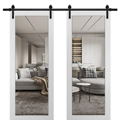 Sturdy Double Barn Door with Clear Glass Lucia 2166 White Silk 13FT Rail Hangers Heavy Set Solid Panel Interior Doors-36" x 96"-Black Rail-Clear Glass