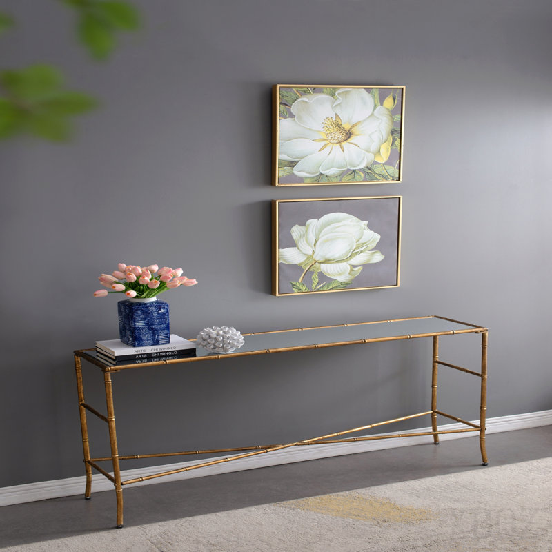 56.5x14x30" Antique Gold Console Table, Mirrored Top