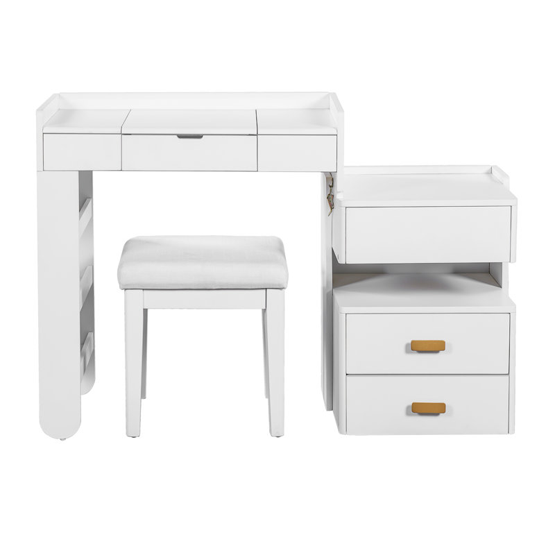 Meuble-lavabo 3 en 1 avec miroir rabattable, éclairage DEL, longueur réglable et grands tiroirs - Coiffeuse multifonctionnelle élégante pour la maison