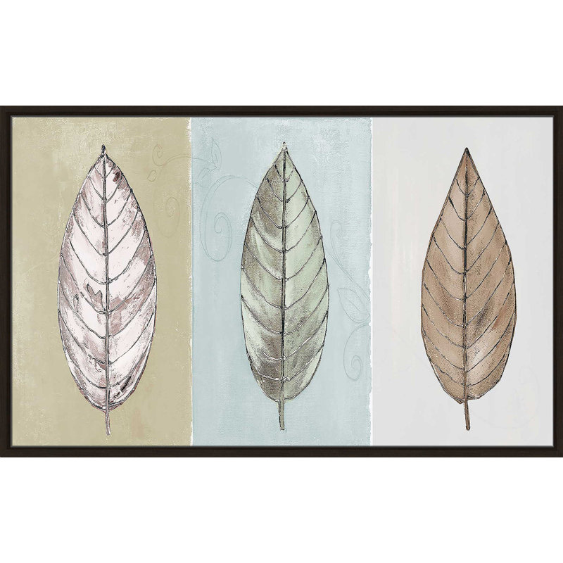 «Neutral New Leaf Trio» par Patricia Pinto - impression, Cadre flottant espresso, H 31,5 po x l 51,5 po x P 2 po