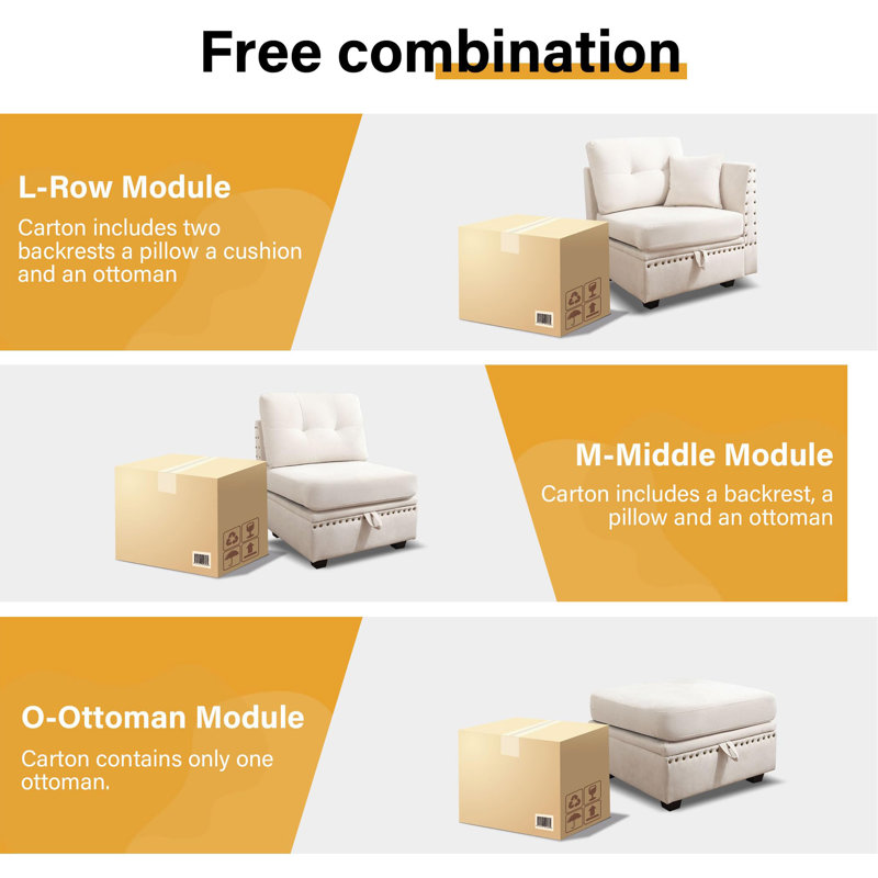 Vintage Modular Sectional Sofa, Convertible Multiple Combination Sofa Couch With Storage, Memory Foam, Vintage Copper Nail Modular Sectionals M-Middle Module GREY (1 Middle Stool)