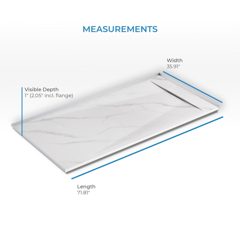 Receveur de douche rectangulaire extra-plat Lenora 183 cm x 91 cm avec bonde latérale dissimulée, blanc Carrara