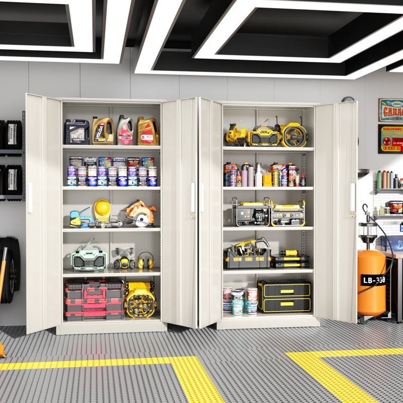 Lakenzie 5 - Shelf Steel Garage Storage Cabinets with Lock (72" H x 32" W x 16" D), Light Gray