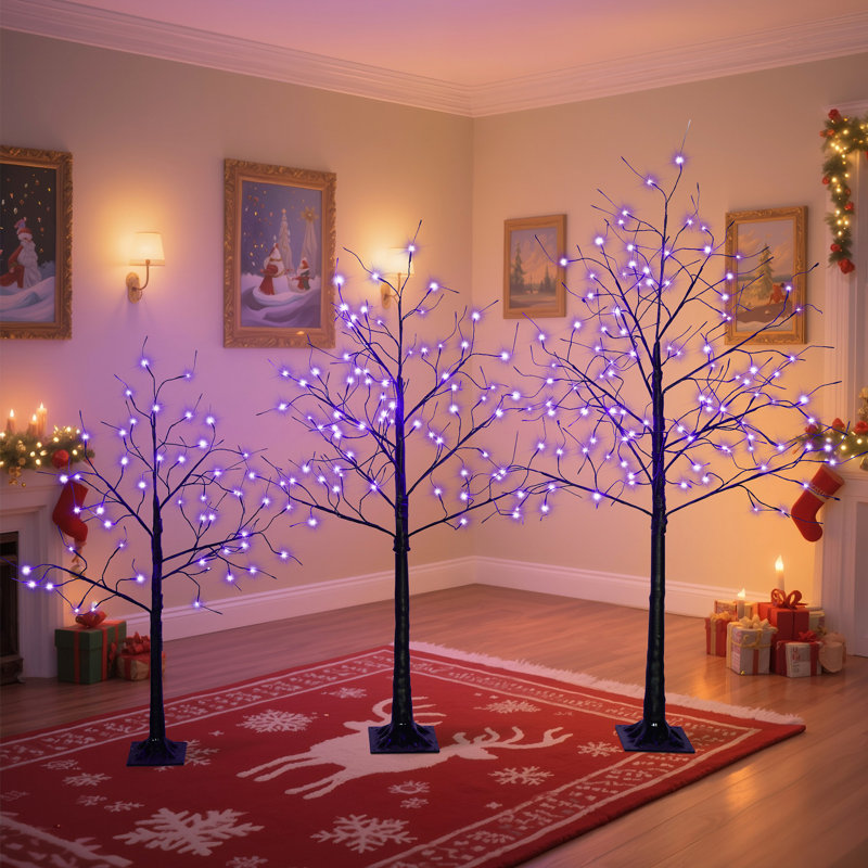 Arbre effrayant 3 lumières d'Halloween avec lumières mauves, 4 pi 5 pi et 6 pi, arbre noir éclairé pour la décoration d'Halloween
