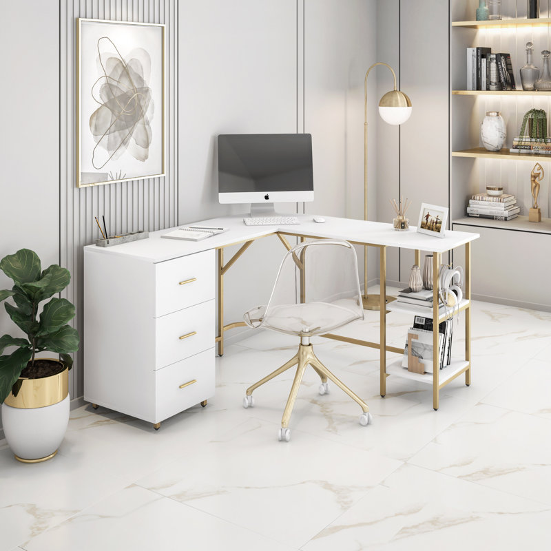 Techni Mobili L-Shape Home Office Two-Tone Desk With Storage, White/Gold