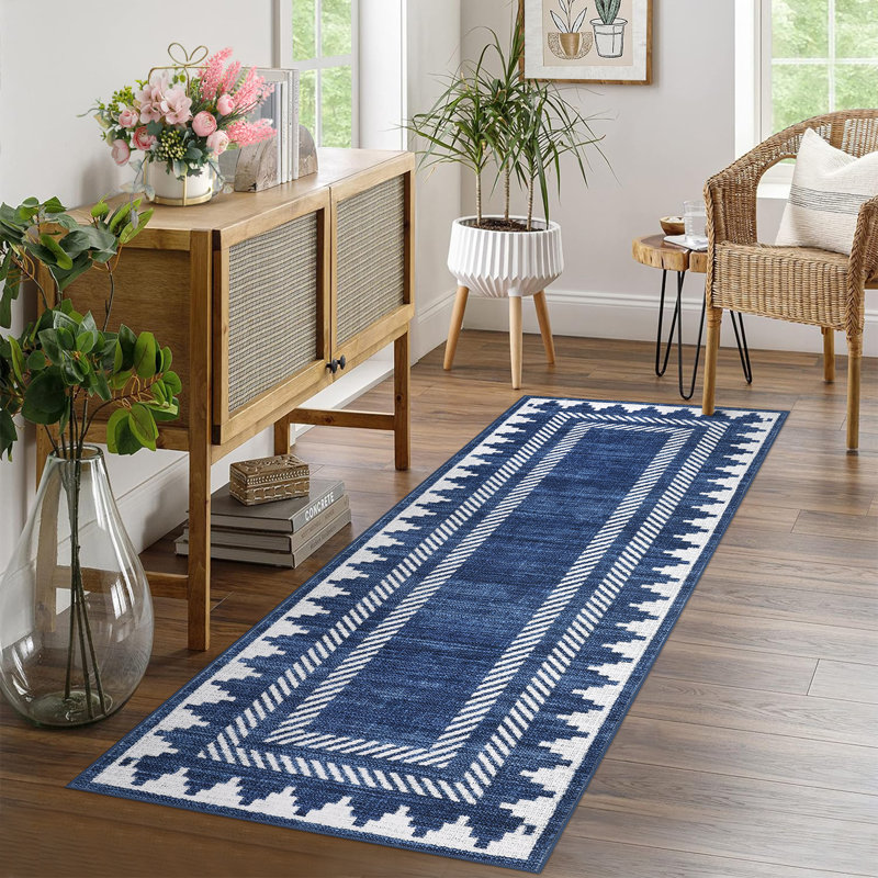 Tapis lavable Geometic Border, Blue, Tapis de couloir 2 pi x 6 pi