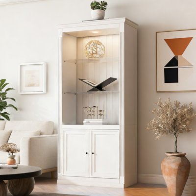 78.75''H 4-Tier Display Shelf, With 5-Colors Dimmable Ceiling Light, Freestanding Farmhouse Bookcases With Storage & Doors, Bookshelf With Adjustable Glass Shelves For Home & Office - White