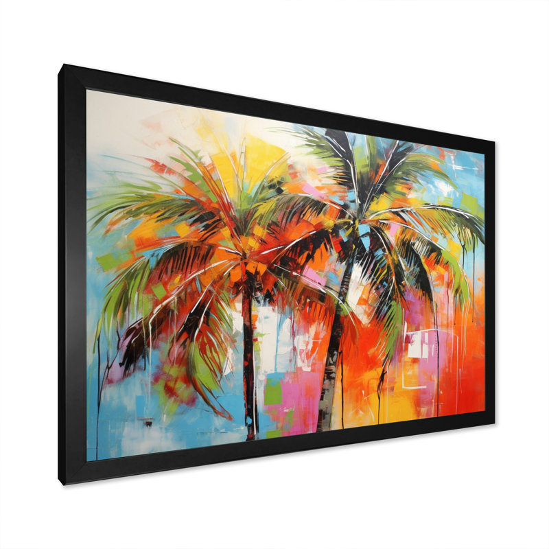 «Popart Palm Trees I», reproduction d'art sur toile Palm Trees, H 16 po x l 32 po x P 1 po, Cadre simple noir
