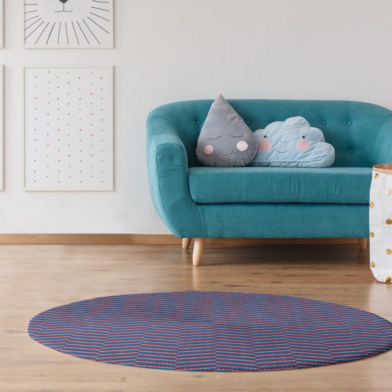 Tapis bleu/rouge fait main, Rond 5 pi