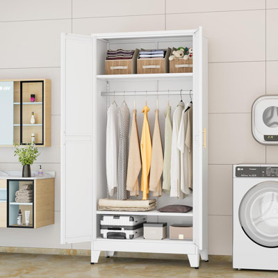 Metal Wardrobe Cabinet with Hanging Rod, 71" Metal Clothing Storage Cabinets with 2 Doors and Adjustable Shelves, White Armoire Wardrobe Closet for Be by Ebern Designs