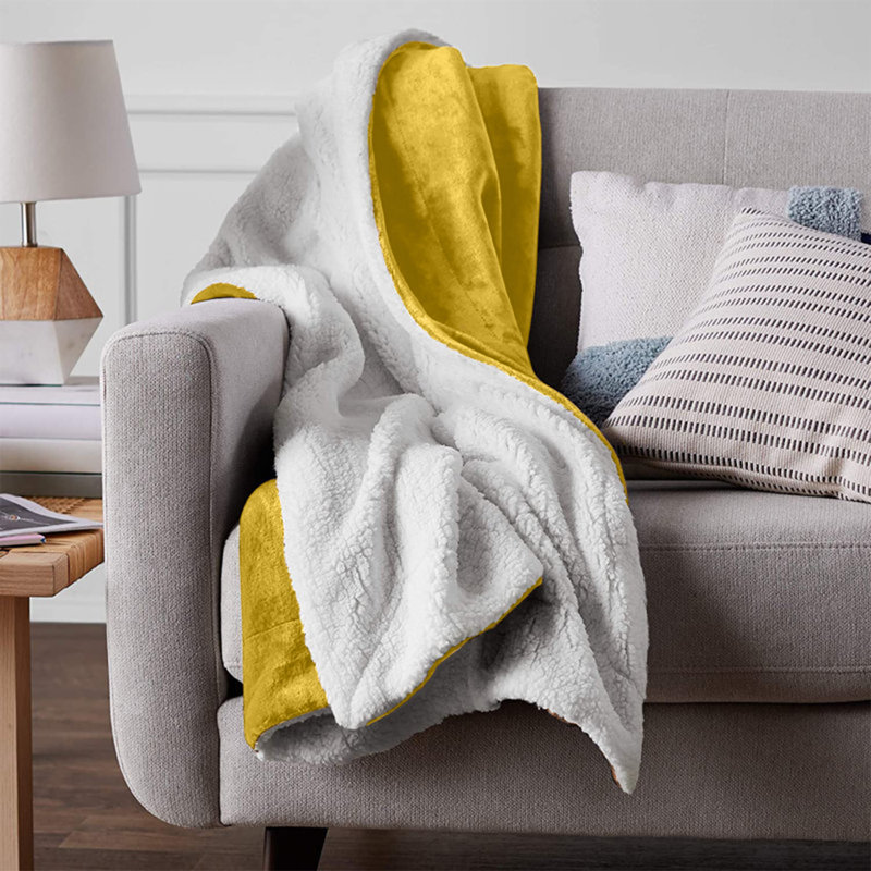 Super Soft Sherpa Fleece Fur Thick Dual Sided Flannel Reversible Blanket Throw, Super King 230cm x 270cm, Yellow