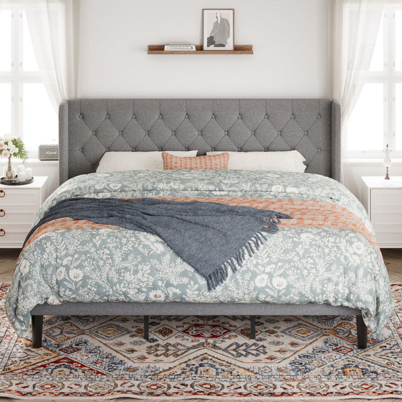 Walace Upholstered Wingback Bed, King, Light Gray
