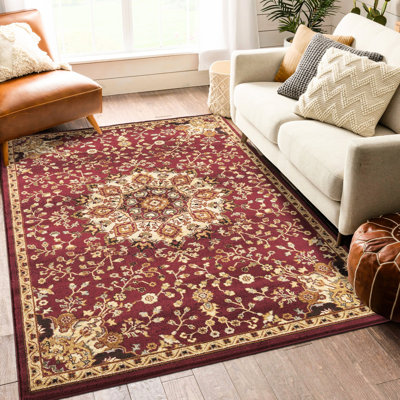 Tapis rouge en polypropylène 7 pi 3 po par 5 motif médaillon classique et intemporel pour tout espace