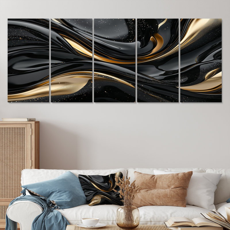 Captivating Gold and Black Marble I - Ensemble de décorations murales vagues abstraites modernes, H 32 po x l 80 po