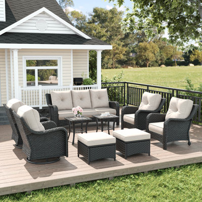  Ensemble de meubles d'extérieur 9 pièces en osier avec coussins confortables de 6 pouces, ensemble de meubles de patio à haut dossier avec chaises berçantes pivotantes et table d'appoint