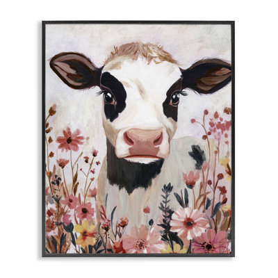 Vache et fleurs sauvages roses, estampe numérique, design par Sara Culpepper