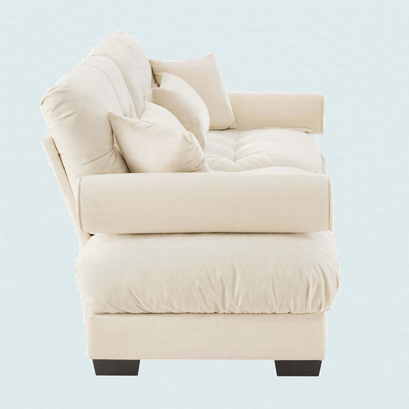 Modern Two-Seater Sofa With Bolstered Armrests, Velvet 2-Seater Sofa With Waist Pillows And Throw Pillows, Cream